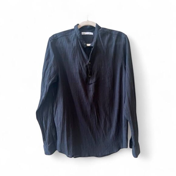 Zara Mandarin Collar Tunic Top Sz Medium Black Gauzy Cotton 4 Buttons Light - Picture 1 of 9